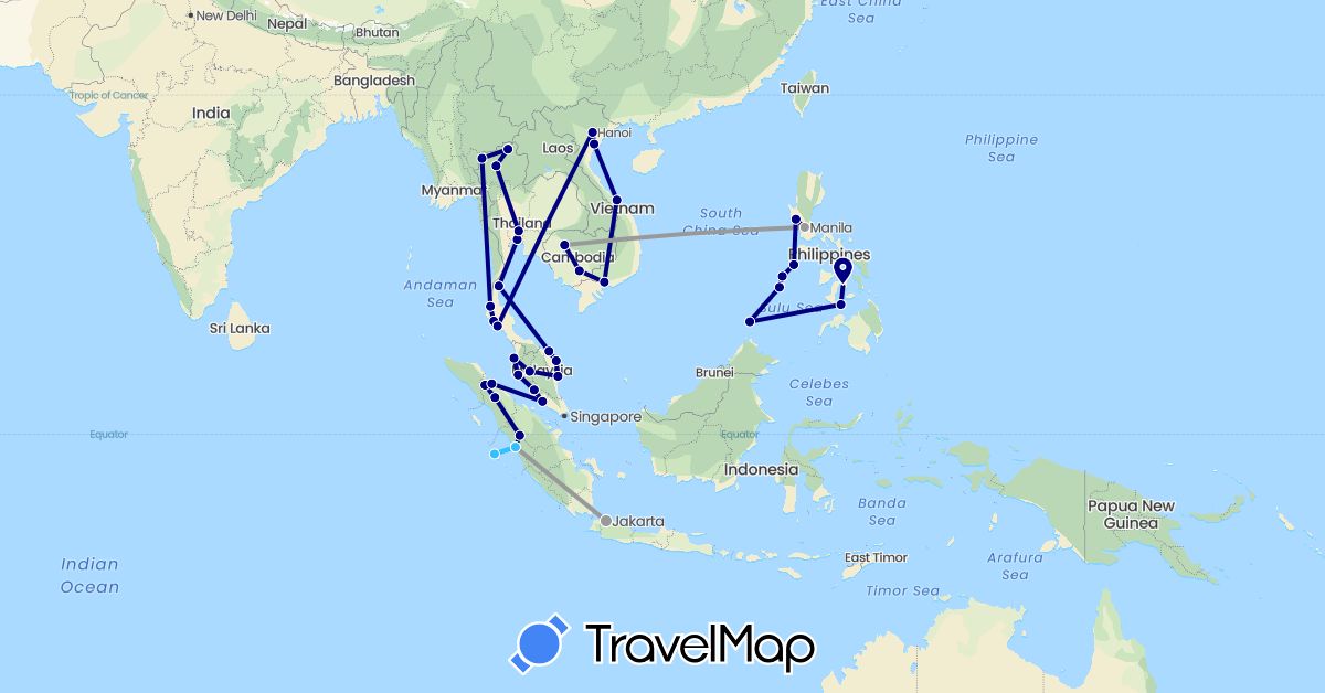 TravelMap itinerary: driving, plane, boat in Indonesia, Cambodia, Malaysia, Philippines, Thailand, Vietnam (Asia)